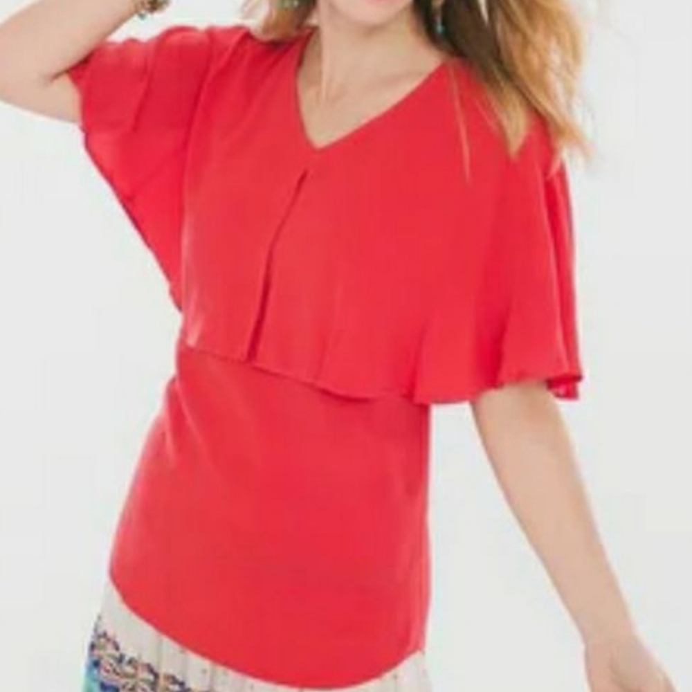 Chicos‎ Flutter Sleeve Blouse Orange Layered V-Neck Size 2 100% Rayon Like New